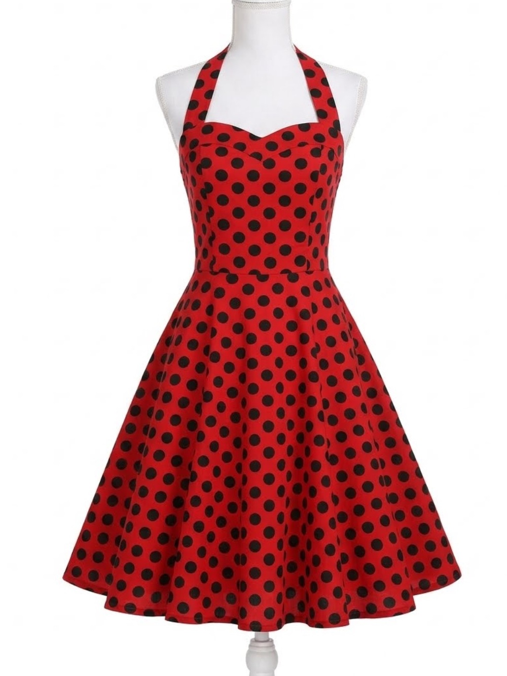 Topdress Retro Polka Dot Halter Swing Dress Red Black Corset Sweetheart-3XL